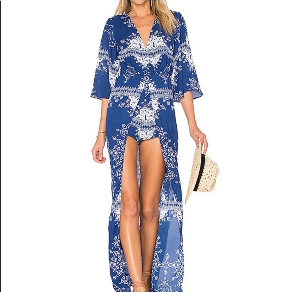 Lovers + Friends Blue and White Printed Maxi Romper Jumpsuit